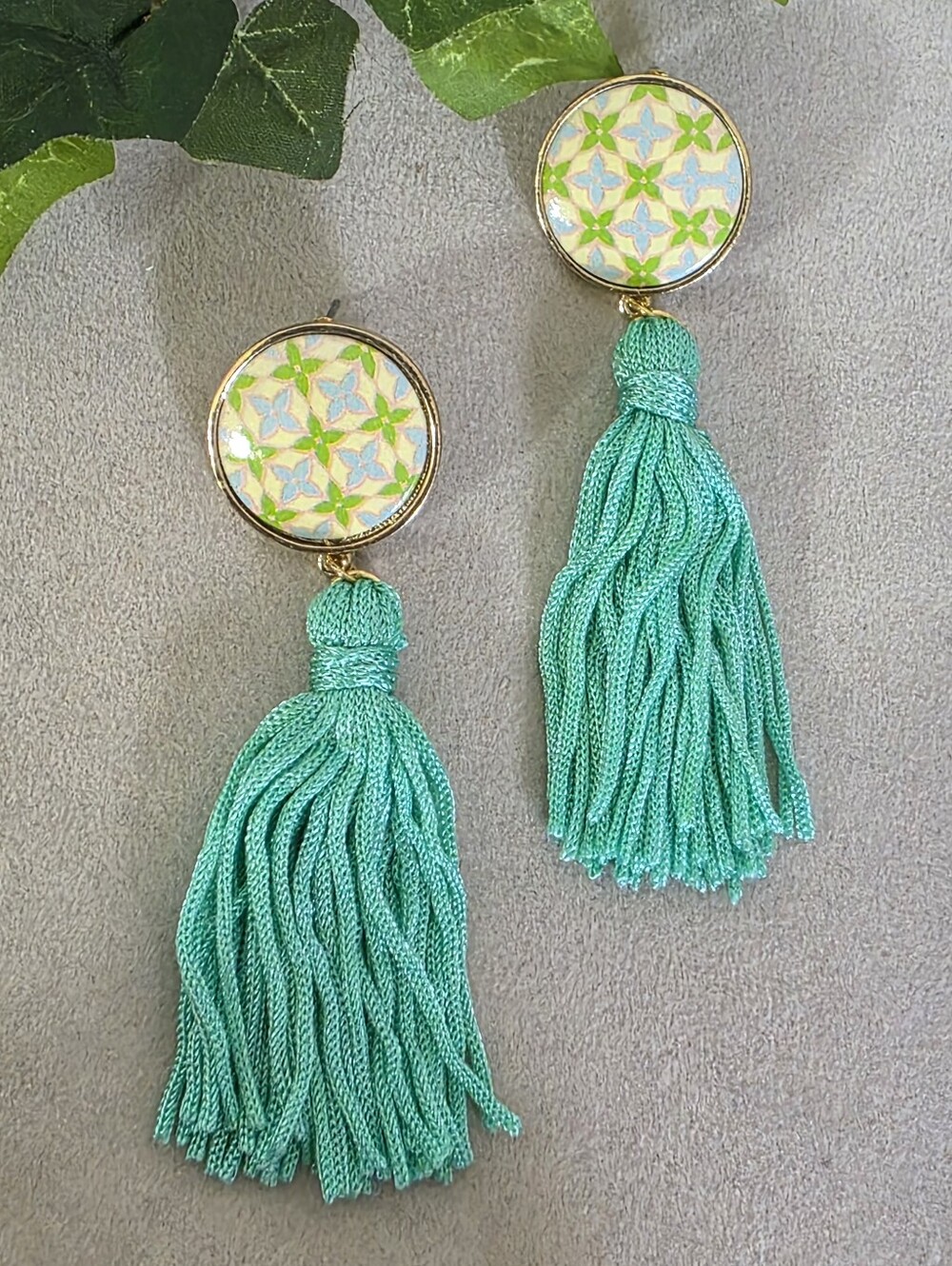 ​Mint Green Fringe Tassel Drop Earrings | Floral Mosaic Stud Statement